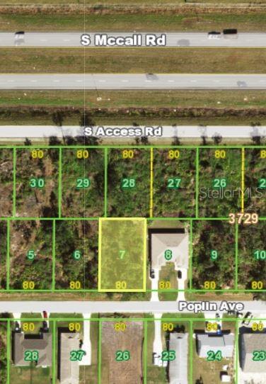 This aerial map shows a vacant residential lot highlighted in yellow among surrounding properties — 11360 POPLIN AVENUE, ENGLEWOOD, FL