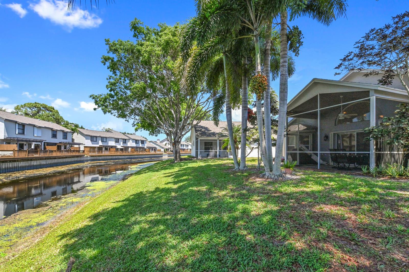 A grassy backyard with palm trees overlooks a canal lined with multi-story townhomes — 2241 Soundings Court, FL 33413, FL