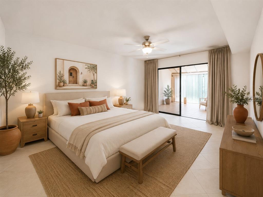 A bedroom features a king bed, neutral decor, a ceiling fan, and sliding glass patio doors — 5312 HUNTINGWOOD COURT UNIT 39, SARASOTA, FL