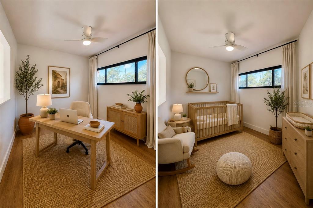 A split-view image showing a room virtually staged as both a home office and nursery — 5312 HUNTINGWOOD COURT UNIT 39, SARASOTA, FL