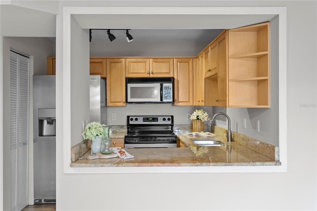 A kitchen with light wood cabinets, granite countertops, and stainless steel appliances viewed through a pass-through — 606 S ALBANY AVENUE UNIT 17, TAMPA, FL
