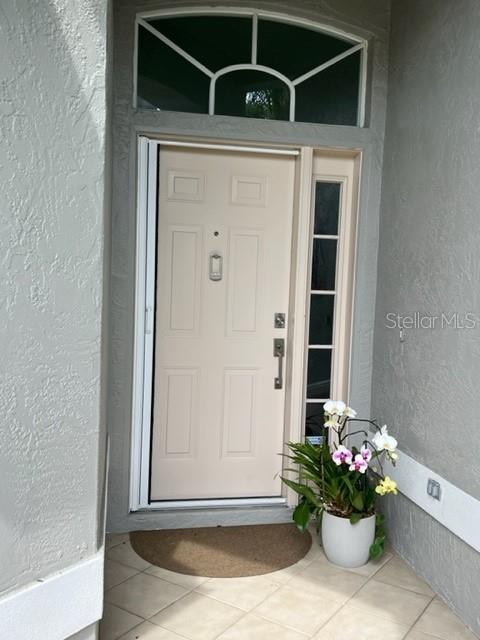 A light-colored front door with a side window and arched transom sits on a tiled porch — 8784 PEBBLE CREEK LANE, SARASOTA, FL