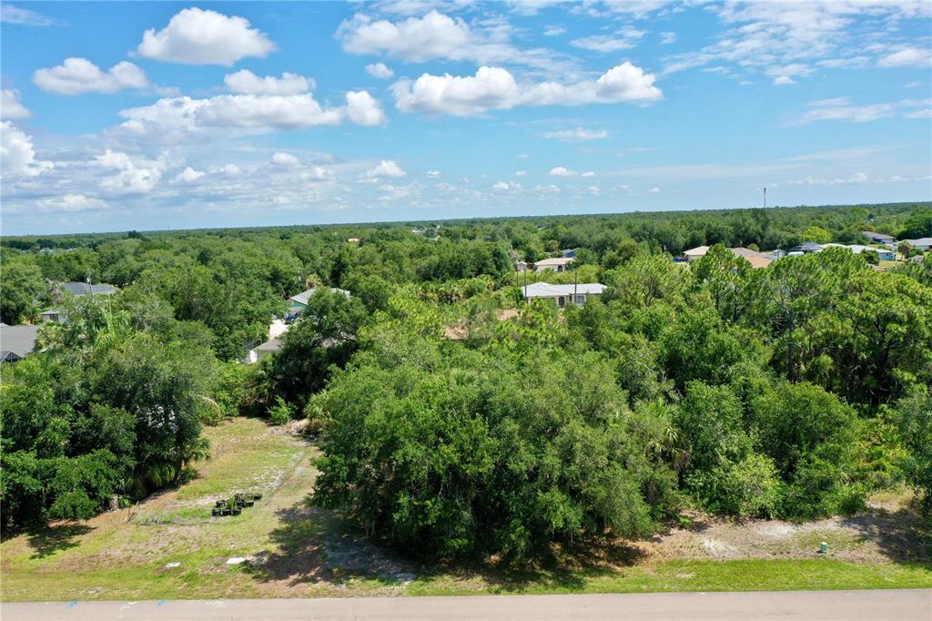 An aerial view shows a vacant, tree-covered residential lot next to a paved road — 22324 STATE AVENUE, PORT CHARLOTTE, FL