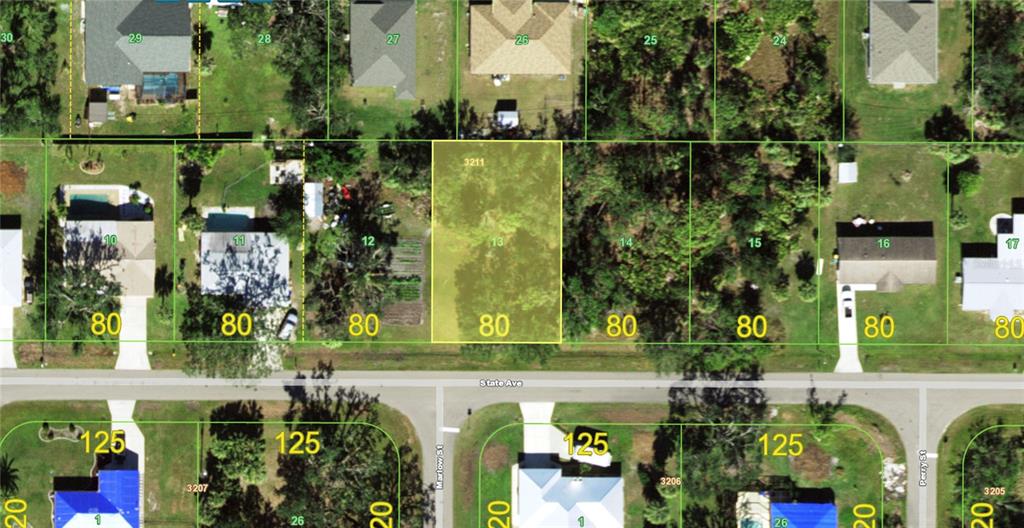 This is an aerial map showing residential property lots along a street — 22324 STATE AVENUE, PORT CHARLOTTE, FL