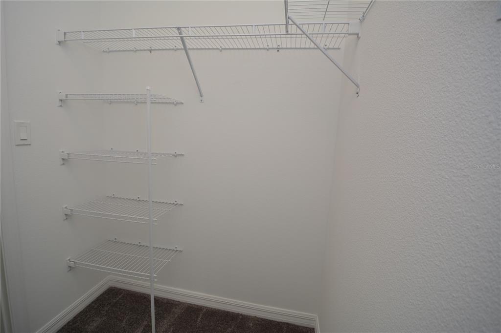 A walk-in closet features white wire shelving units mounted on the walls over carpeted flooring — 31 ZOELLER COURT, PALM COAST, FL