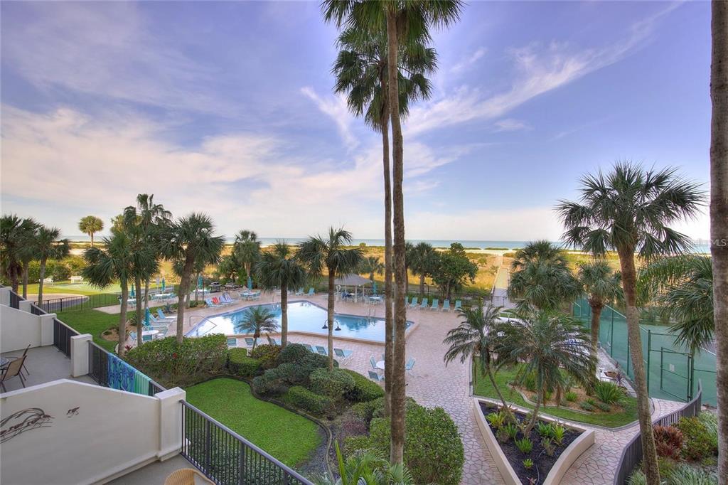 An elevated view of a swimming pool, palm trees, and a beach with the ocean beyond — 1230 GULF BOULEVARD UNIT 304, CLEARWATER, FL