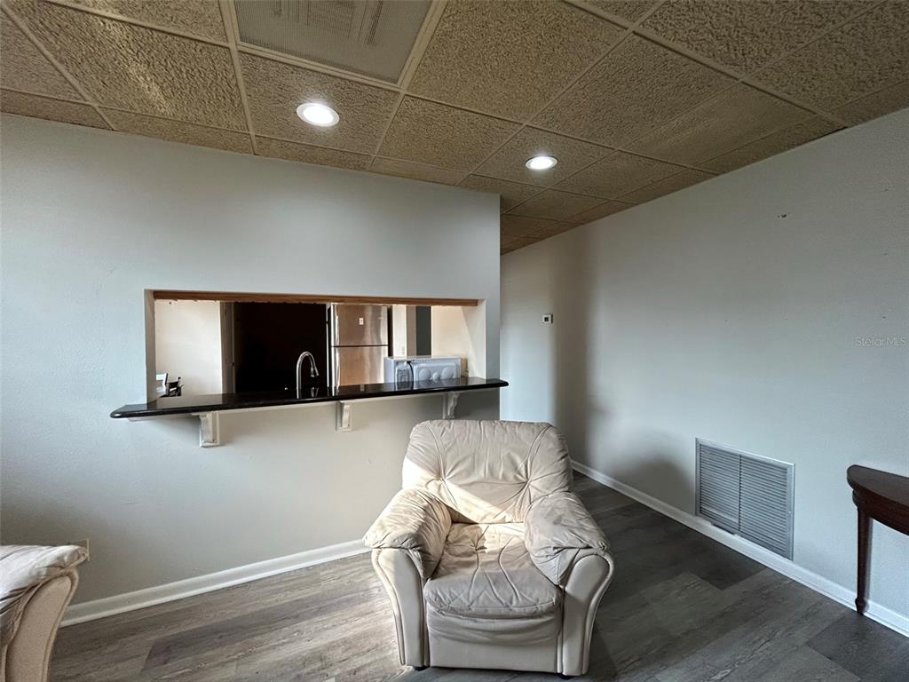 A living room features a beige armchair, gray wood-look flooring, and a kitchen pass-through window — 118 SW FORT KING STREET, OCALA, FL