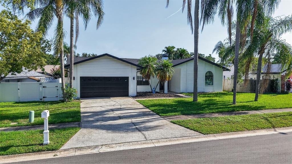 A screened-in patio features a kidney-shaped swimming pool with a pebble-textured deck — 2135 VANCE AVENUE, PALM HARBOR, FL