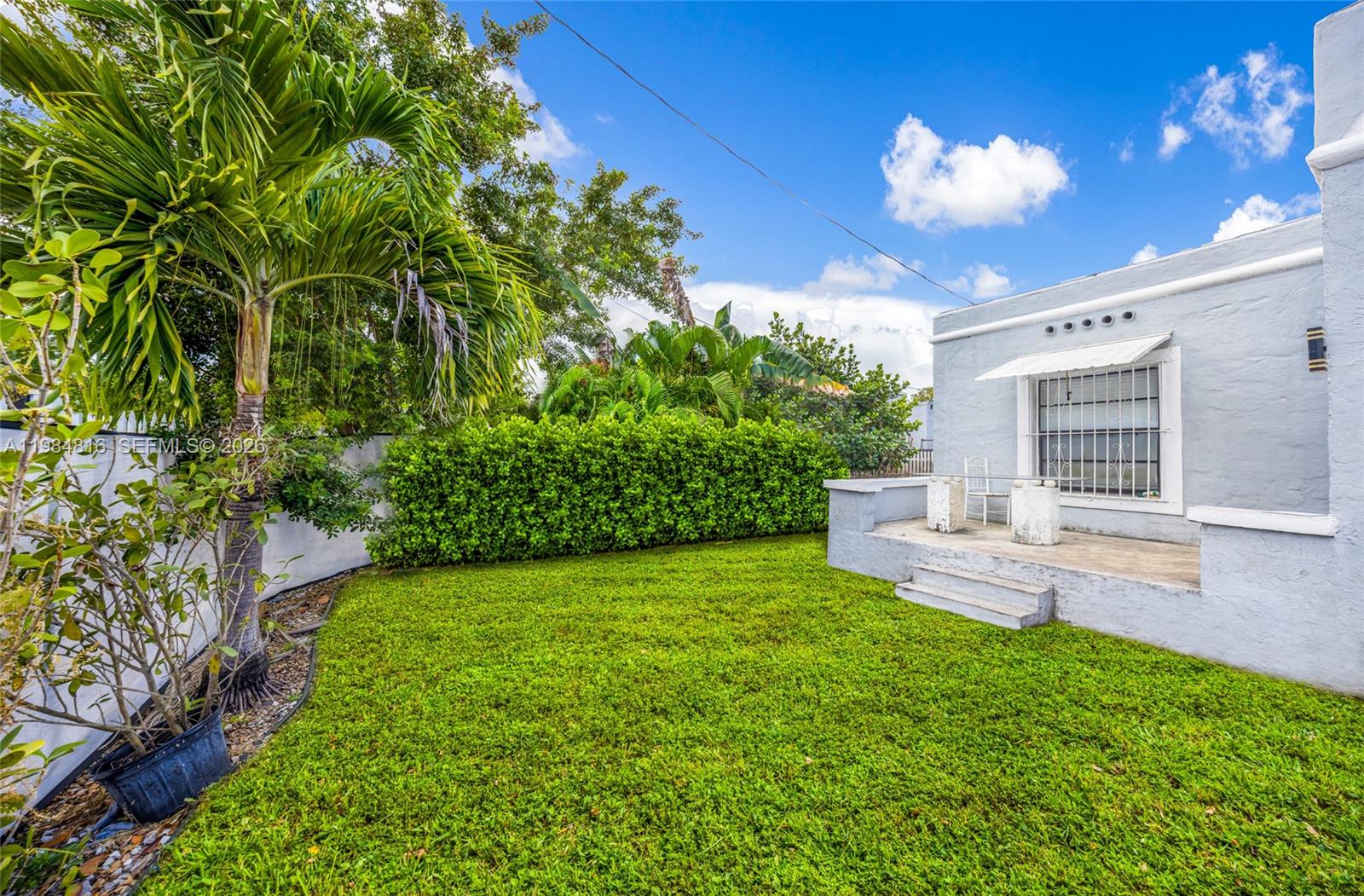 A grassy backyard features a palm tree, a hedge, and a small concrete patio area — 844 NW 29th St, Miami FL 33127, MIAMI, FL