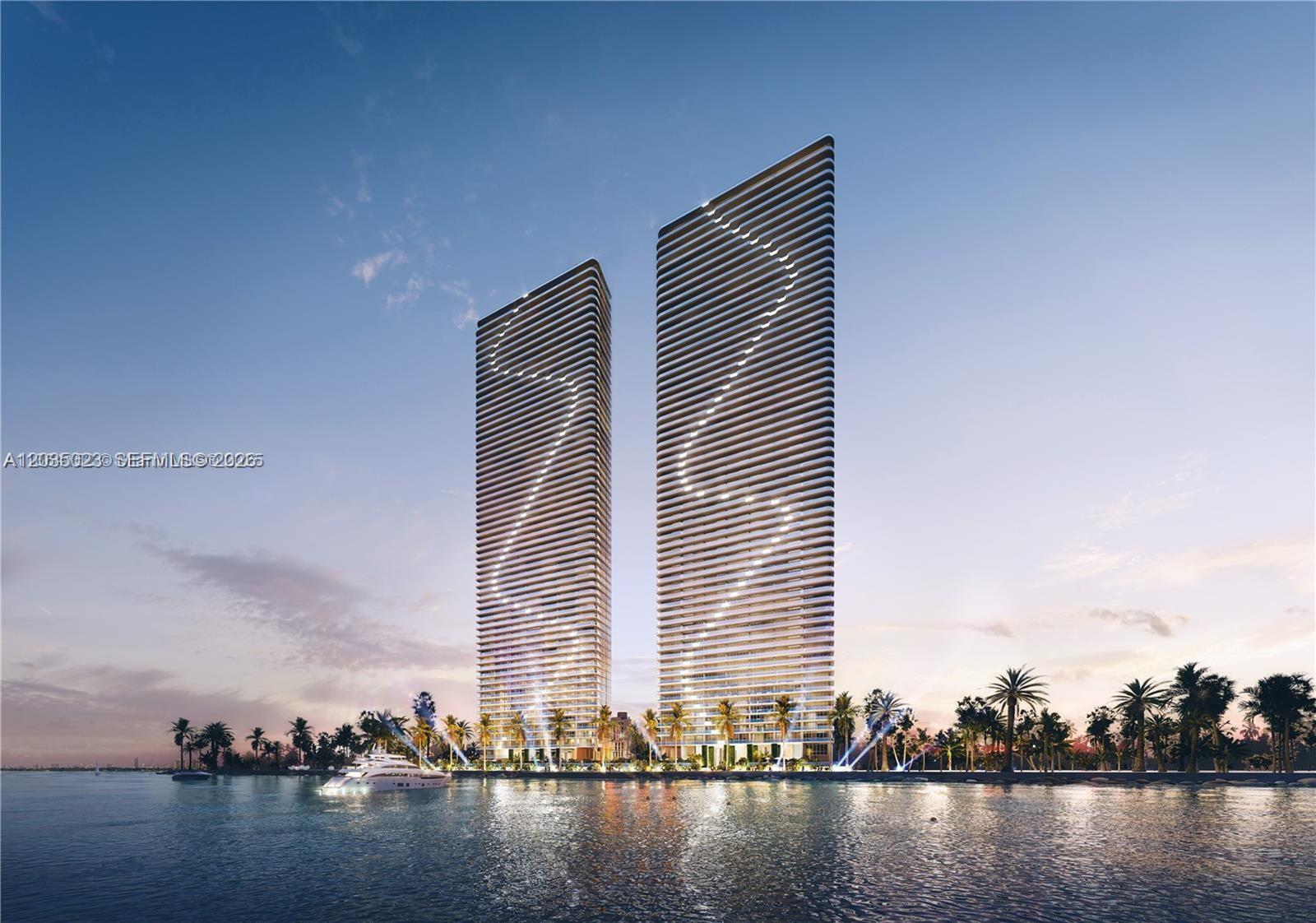 This is a rendering of two modern high-rise towers situated along a waterfront with palm trees — 700 NE 24 # 2206, Miami FL 33137, MIAMI, FL