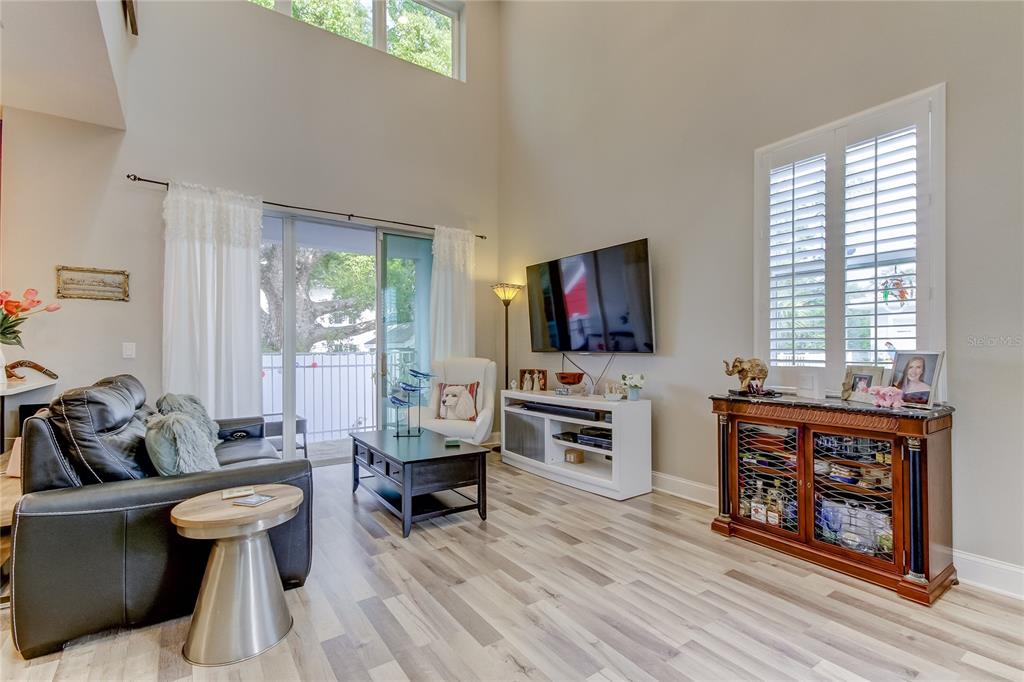 A living room features high ceilings, wood-look flooring, a wall-mounted television, and sliding glass doors — 426 BIRDSONG LANE, DUNEDIN, FL