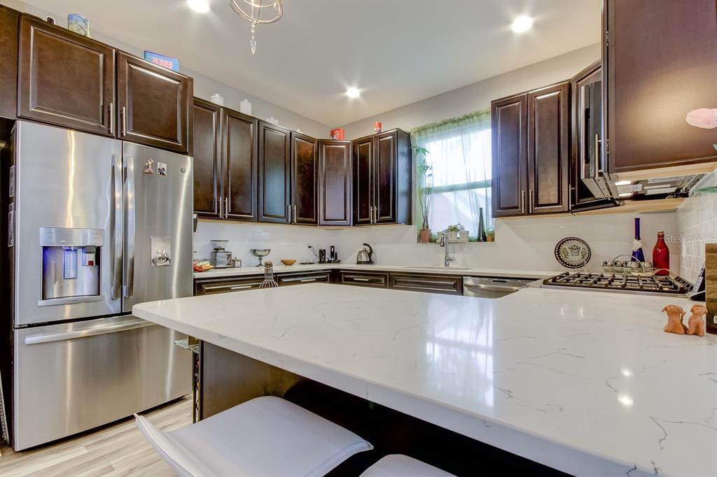 A kitchen features dark wood cabinets, stainless steel appliances, and a white quartz island countertop — 426 BIRDSONG LANE, DUNEDIN, FL
