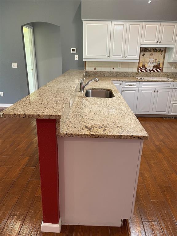 A kitchen features white cabinets, granite countertops, a sink, and wood-look tile flooring — 9461 MIAMI CIRCLE, PORT CHARLOTTE, FL