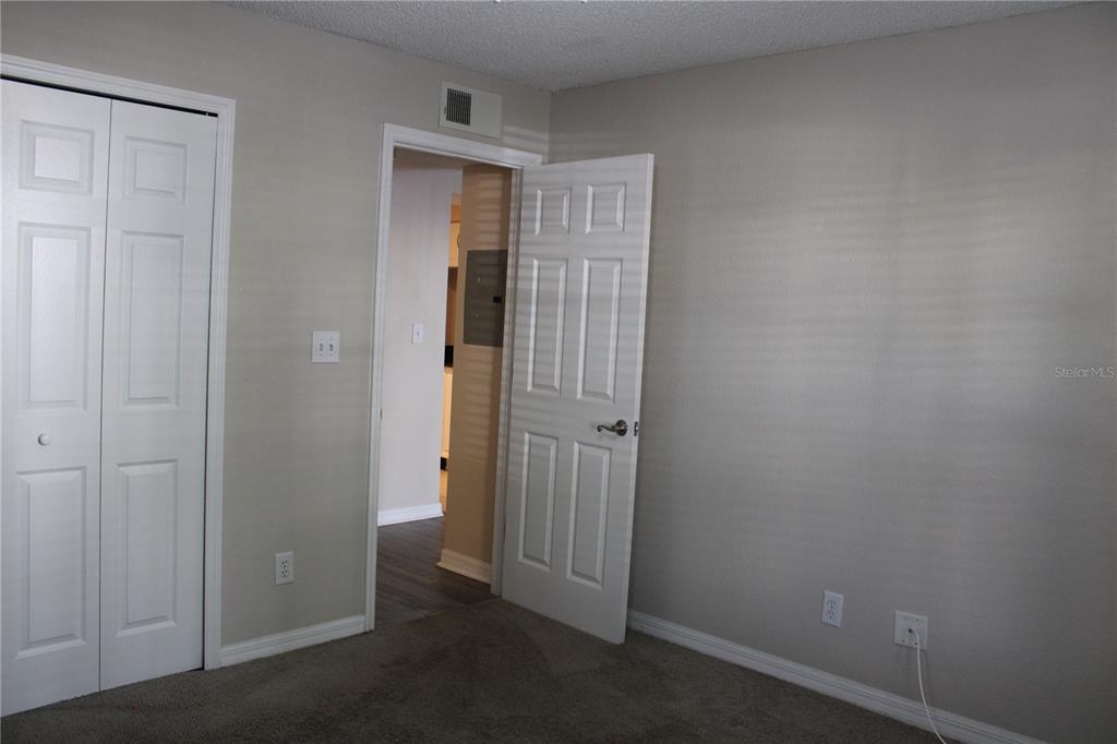 A bedroom features gray carpet, light gray walls, a white closet door, and an open doorway — 3300 HAVILAND COURT UNIT 104, PALM HARBOR, FL