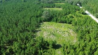 An aerial view shows a cleared grassy lot surrounded by dense forest and a dirt road — SW CARPENTER ROAD W, LAKE CITY, FL