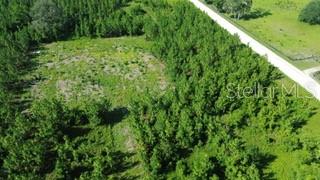 An aerial view shows a partially cleared, wooded lot adjacent to a paved road — SW CARPENTER ROAD W, LAKE CITY, FL
