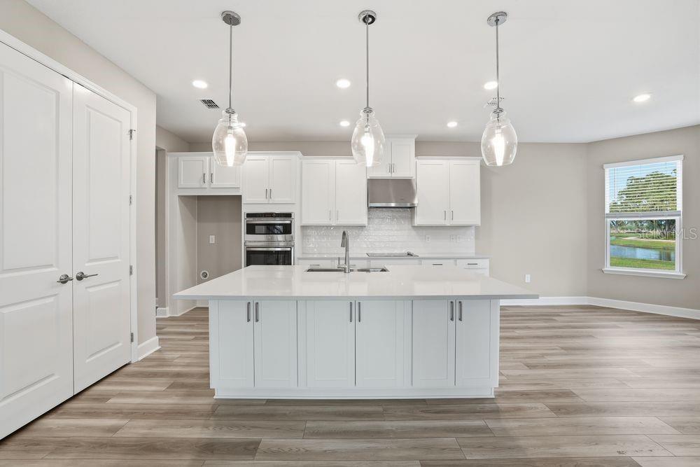 A modern kitchen features white cabinetry, a large center island, and wood-look flooring — 3328 LUMBER FALLS DRIVE, PLANT CITY, FL