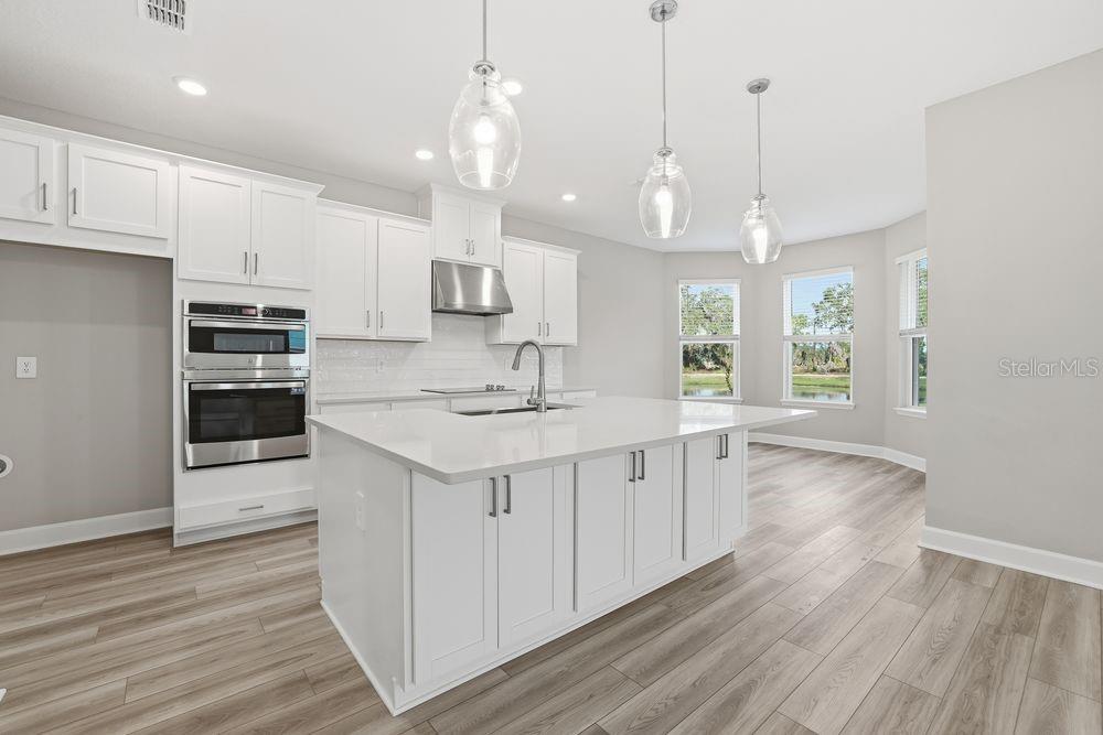 A modern kitchen features white cabinetry, a large center island, and stainless steel appliances — 3328 LUMBER FALLS DRIVE, PLANT CITY, FL