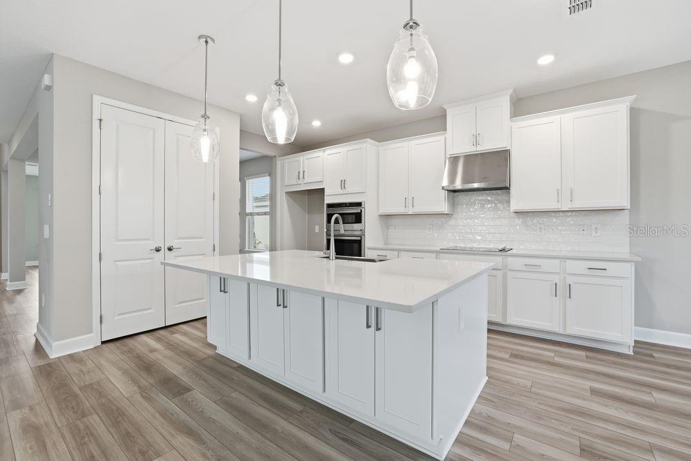 A modern kitchen features white cabinetry, a large center island, and light wood-look flooring — 3328 LUMBER FALLS DRIVE, PLANT CITY, FL