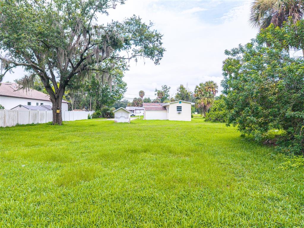 A large, grassy backyard features a small shed and a detached garage under a tree — 6315 RHONDA ROAD, TAMPA, FL