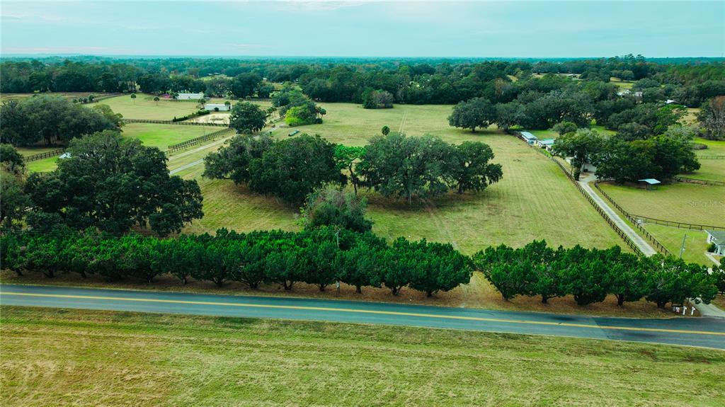 An aerial view shows a rural property with a road, trees, and open pasture land — 4600 NW 95TH AVENUE ROAD, OCALA, FL