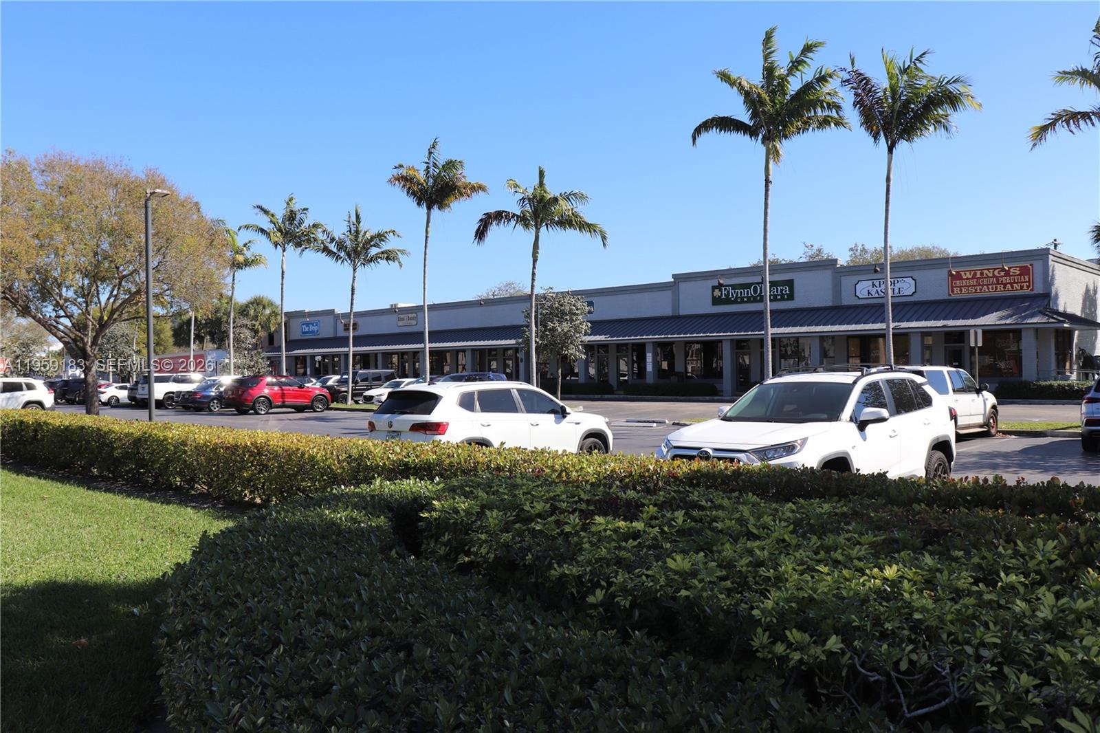 A strip mall with a parking lot, palm trees, and various storefronts under a clear sky — 3724-3728 Davie Rd, Davie FL 33314, DAVIE, FL