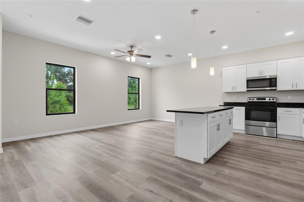 A modern kitchen with white cabinets and a black island opens into a living area — 4369 CAMBIO GARDENS COURT, TAMPA, FL