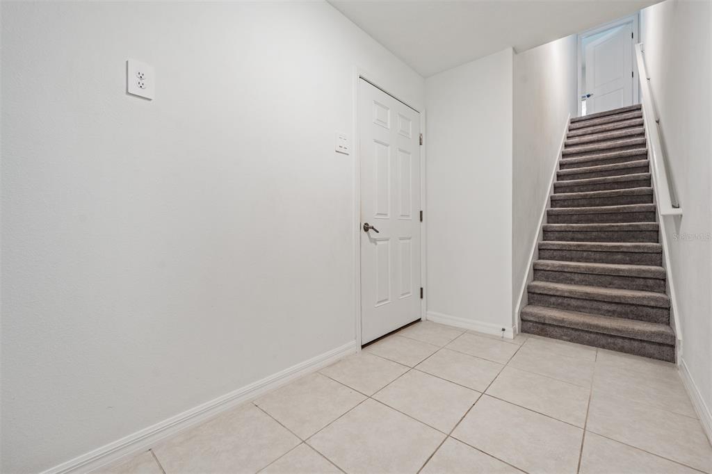 A tiled entryway features a white door and a carpeted staircase leading to an upper level — 4607 TUSCAN LOON DRIVE, TAMPA, FL