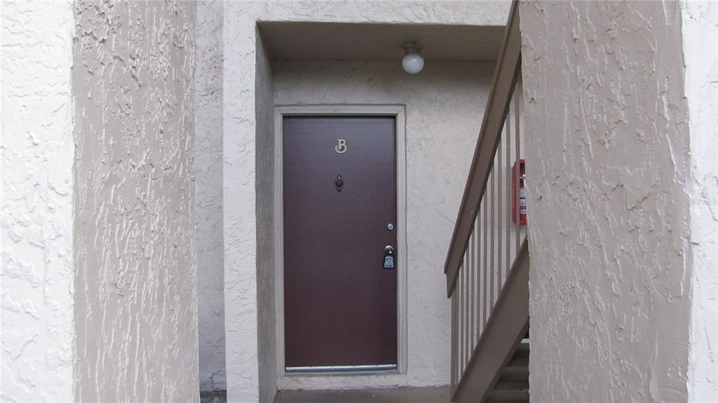 A brown apartment door labeled B is located in a recessed entryway with exterior stairs — 7506 NEEDLE LEAF PLACE UNIT 56, TAMPA, FL