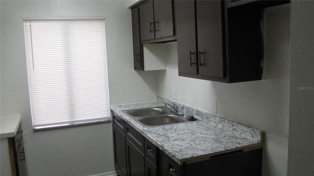 A kitchen features dark wood cabinets, a double-basin sink, and a marble-patterned laminate countertop — 7506 NEEDLE LEAF PLACE UNIT 56, TAMPA, FL