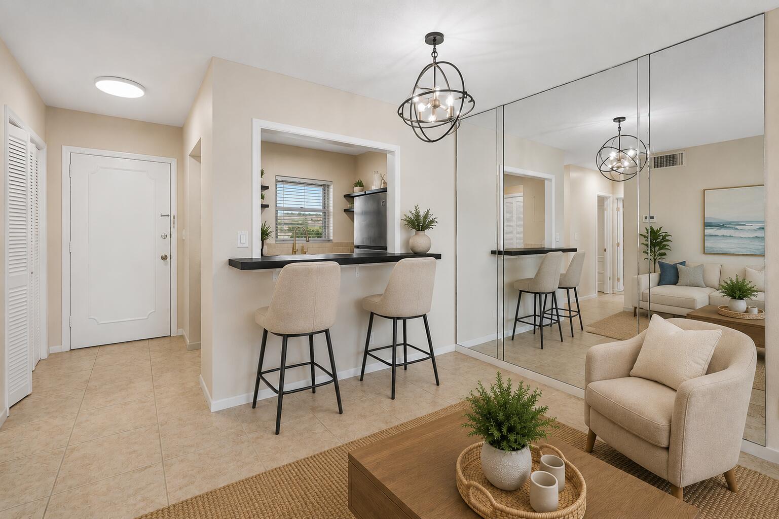 A living room features a breakfast bar, mirrored wall, tile flooring, and a beige armchair — 1116 Lake Terrace # 207, Boynton Beach FL 33426, BOYNTON BEACH, FL