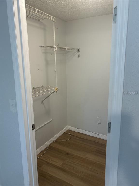 A small walk-in closet features white wire shelving, light gray walls, and wood-look flooring — 121 LOBLOLLY COURT UNIT C, OLDSMAR, FL
