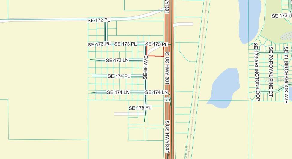 This is a map showing a land parcel outlined in red along S US Hwy 301 — 00 S US HWY 301, SUMMERFIELD, FL