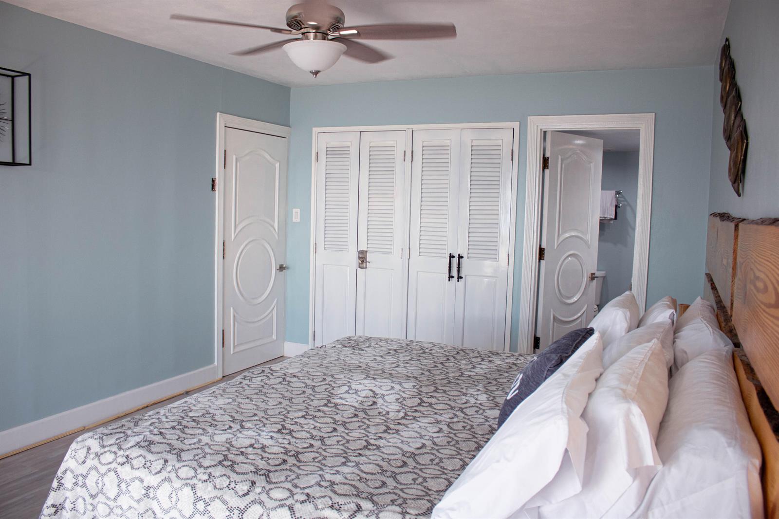A bedroom features light blue walls, a ceiling fan, white doors, and a patterned bedspread — 8 Ocean Blvd Kingston Jamaica Boulevard, FL
