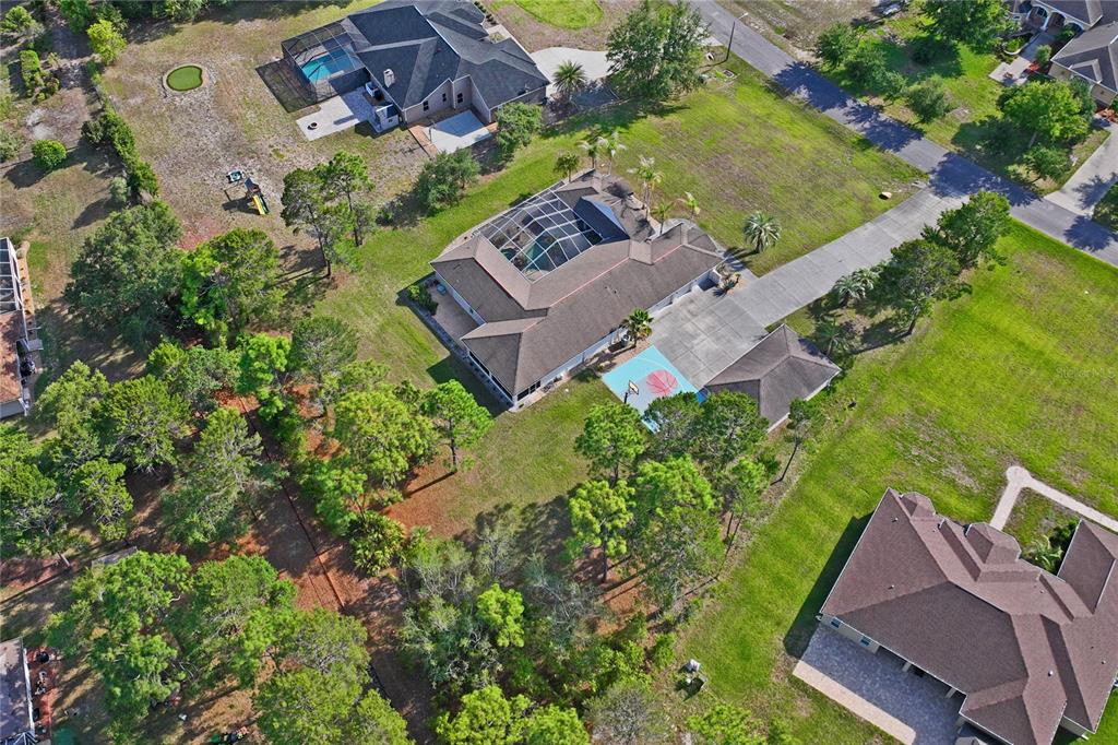 An aerial view shows a house with a pool enclosure, basketball court, and surrounding trees — 10120 SHORTLEAF COURT, WEEKI WACHEE, FL