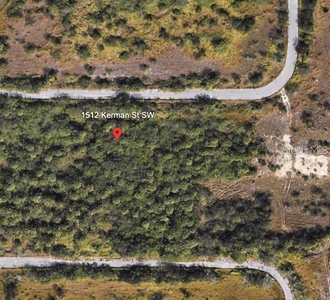 This is an aerial view of a vacant, wooded lot bordered by paved roads — 1512 KERMAN STREET SW, PALM BAY, FL