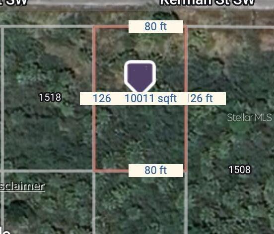 This satellite map shows a rectangular plot of land with dimensions and total square footage — 1512 KERMAN STREET SW, PALM BAY, FL