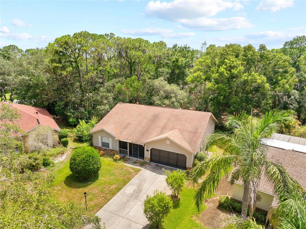 An aerial view of a single-story house with a brown roof and a concrete driveway — 2629 IMPERIAL PINE DRIVE, SPRING HILL, FL