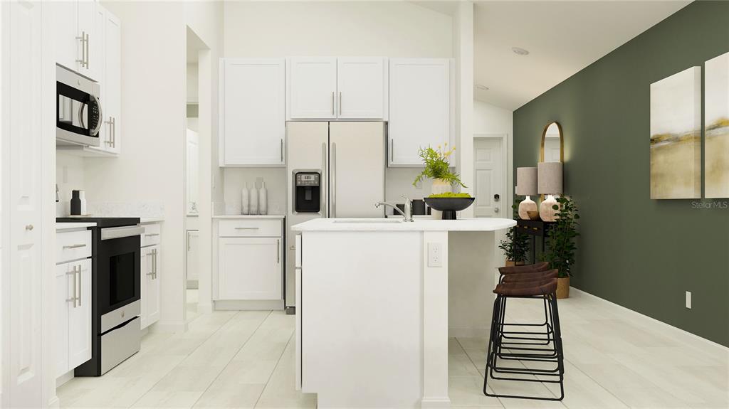 This is a digital rendering of a modern kitchen with white cabinets and a center island — 12405 PARSONS ISLE TERRACE, PALMETTO, FL