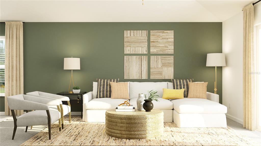 This is a digital rendering of a living room with a green accent wall — 12405 PARSONS ISLE TERRACE, PALMETTO, FL