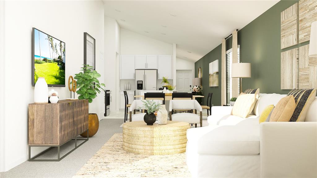 This is a rendering of an open-concept living room and kitchen with white cabinetry — 12405 PARSONS ISLE TERRACE, PALMETTO, FL