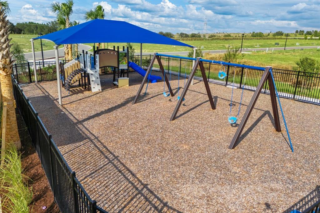 An outdoor playground features a blue shade canopy, a slide, and a swing set — 24043 MORTIMER WAY, HOWEY IN THE HILLS, FL