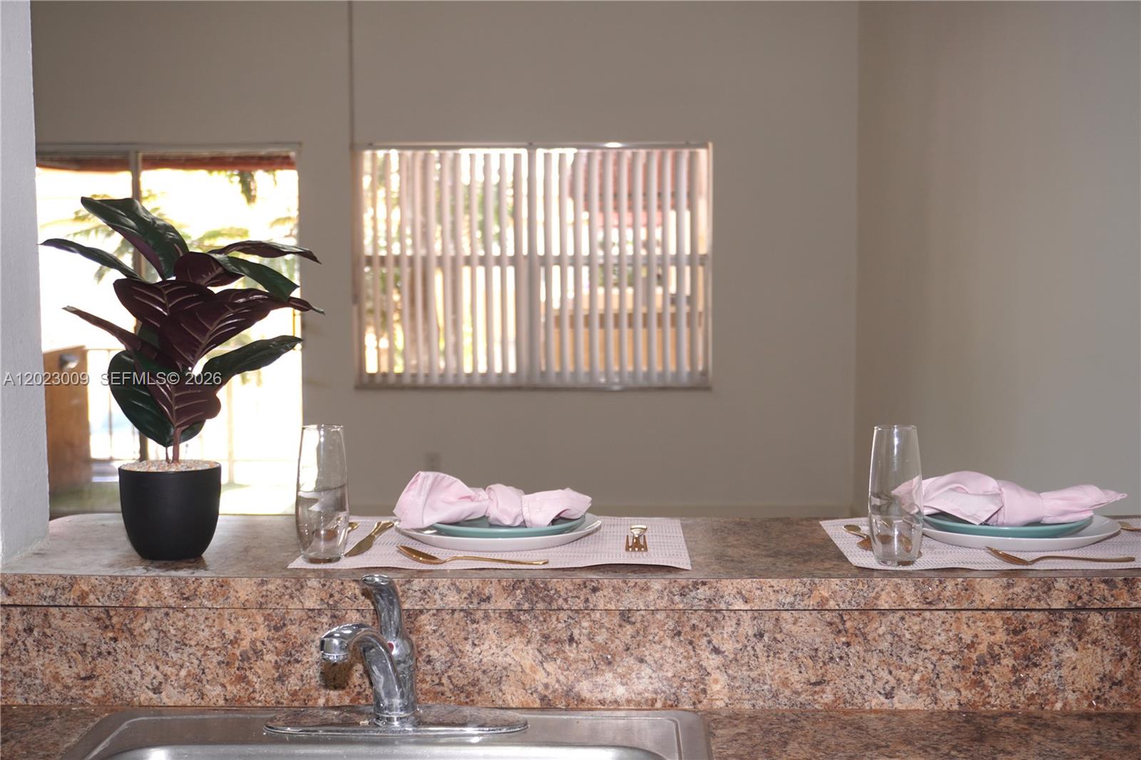 A kitchen counter with a sink, a potted plant, and two place settings — 17901 NW 68th Ave # S204, Hialeah FL 33015, HIALEAH, FL
