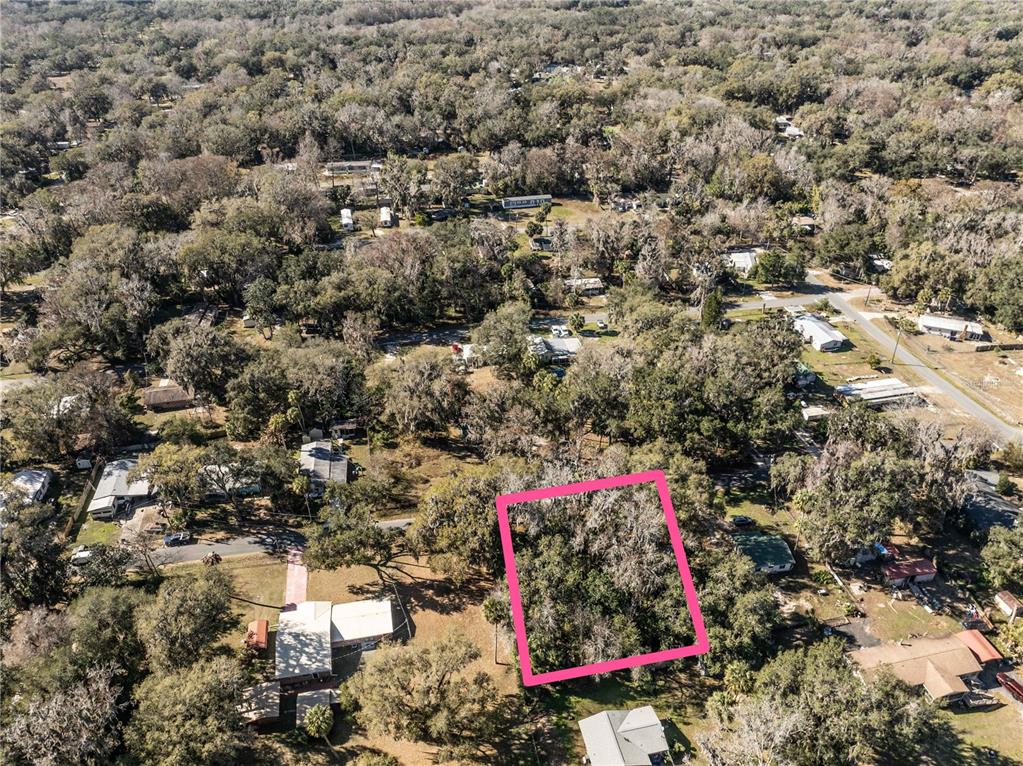 An aerial view shows a rectangular, tree-covered vacant lot outlined in pink — 000 CR 422, LAKE PANASOFFKEE, FL