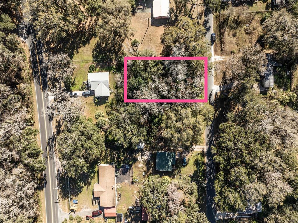 An aerial view shows a rectangular plot of land highlighted in pink amidst wooded surroundings — 000 CR 422, LAKE PANASOFFKEE, FL