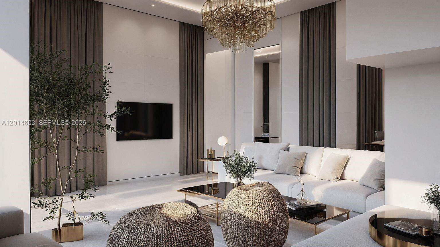 This rendering shows a modern living room with a white sofa, chandelier, and tall curtains — Near Blvd del Coral & Av.Barcelo # 0, FL