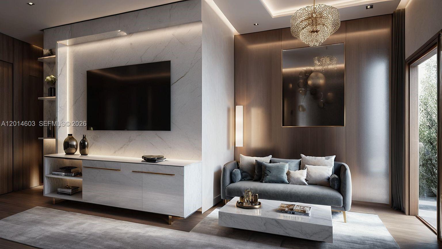 This is a rendering of a modern living room with marble accents and a velvet sofa — Near Blvd del Coral & Av.Barcelo # 0, FL
