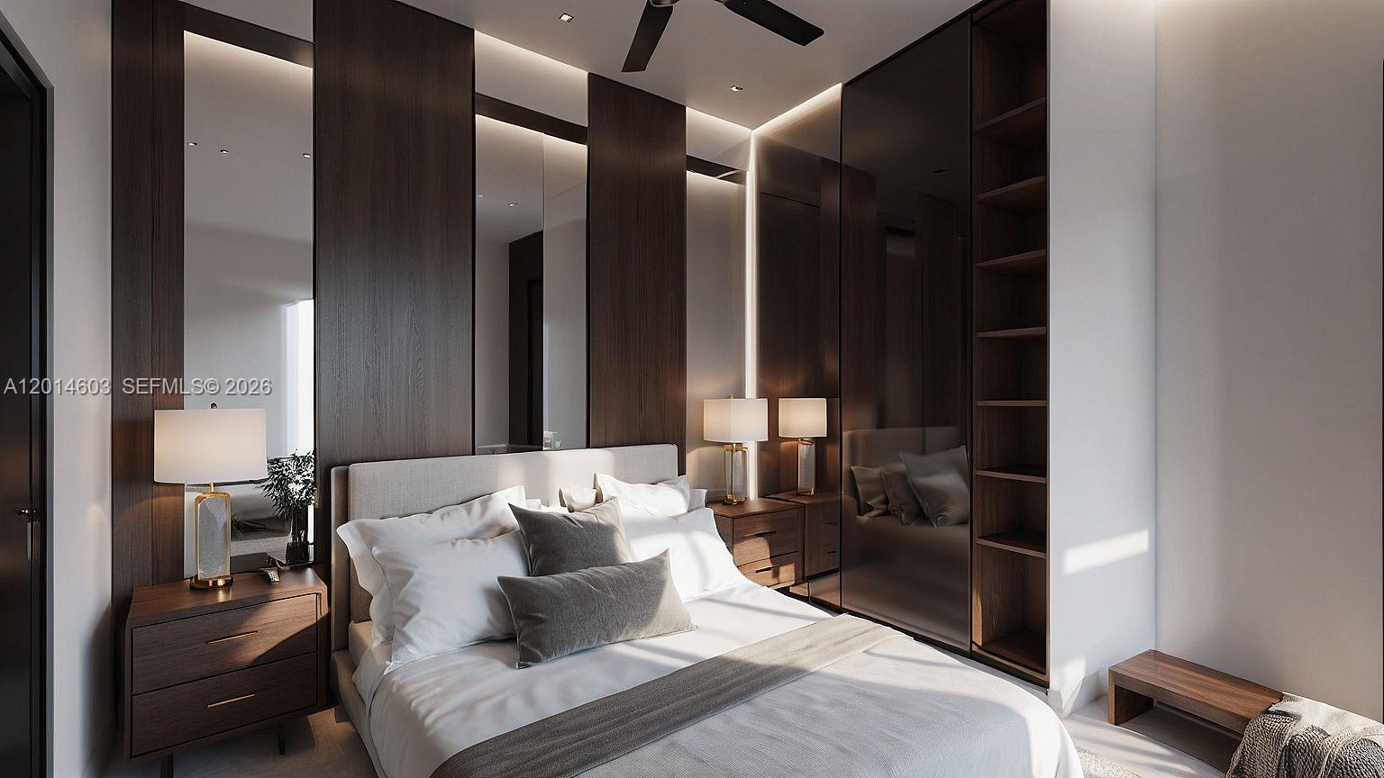 This is a rendering of a modern bedroom featuring dark wood paneling and mirrored accents — Near Blvd del Coral & Av.Barcelo # 0, FL