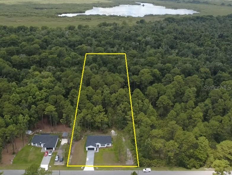 An aerial view shows a single-family home on a large, wooded lot with a lake — 42065 TAMARAC STREET, EUSTIS, FL