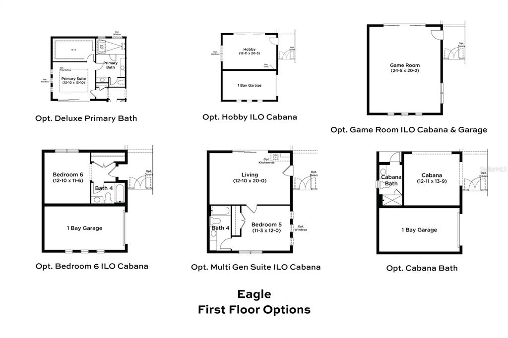 This floor plan image displays various optional configurations for a home's first-floor layout — 8230 GOLDEN BEACH COURT, PARRISH, FL
